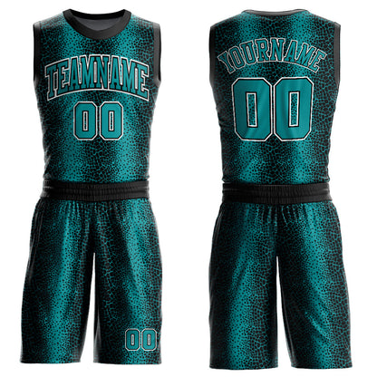 Custom Black Teal-White Animal Fur Print Round Neck Sublimation Basketball Suit Jersey