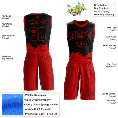 Custom Black Red Color Splash Round Neck Sublimation Basketball Suit Jersey