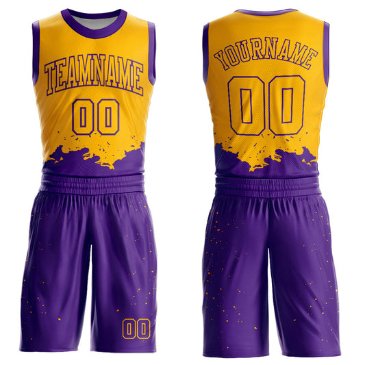 Custom Gold Purple Color Splash Round Neck Sublimation Basketball Suit Jersey