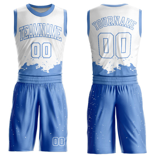 Custom White Light Blue Color Splash Round Neck Sublimation Basketball Suit Jersey