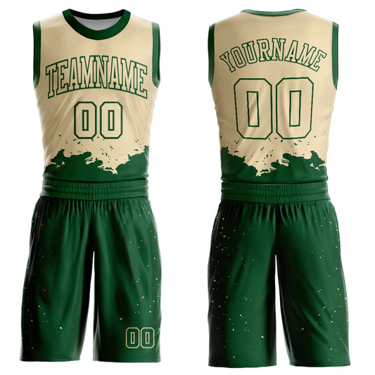 Custom Cream Green Color Splash Round Neck Sublimation Basketball Suit Jersey