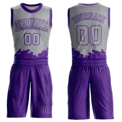 Custom Gray Purple Color Splash Round Neck Sublimation Basketball Suit Jersey