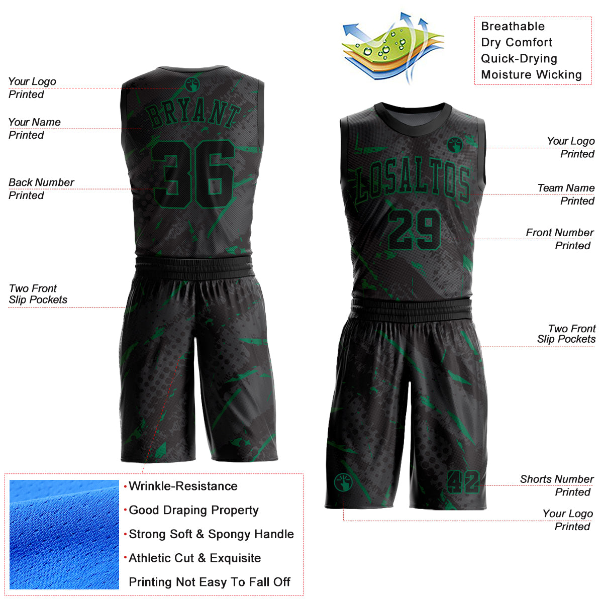 Custom Black Kelly Green Bright Lines Round Neck Sublimation Basketball Suit Jersey