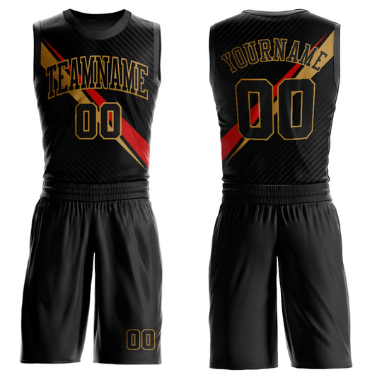 Custom Black Old Gold-Red Diagonal Lines Round Neck Sublimation Basketball Suit Jersey