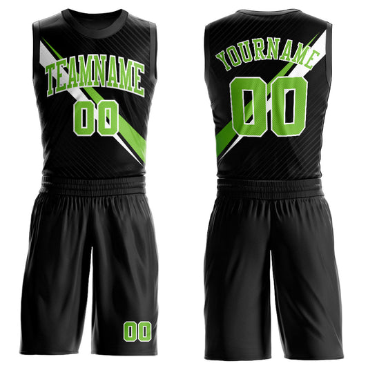 Custom Black Neon Green-White Diagonal Lines Round Neck Sublimation Basketball Suit Jersey