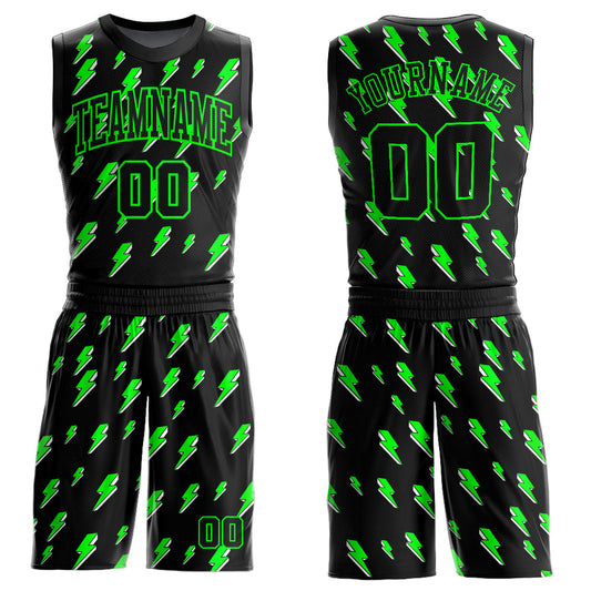 Custom Black Neon Green Lightning Shapes Round Neck Sublimation Basketball Suit Jersey