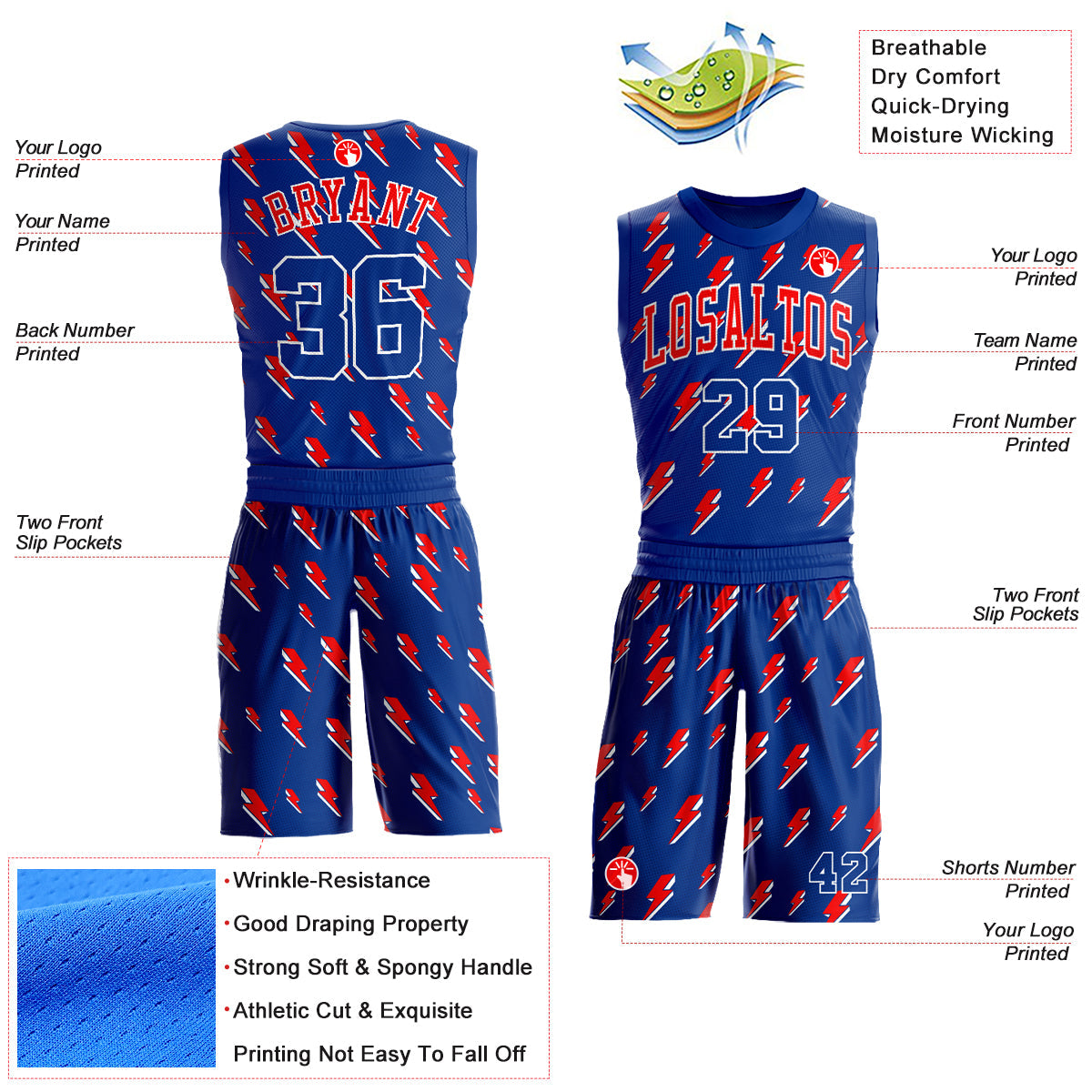 Custom Royal Red-White Lightning Shapes Round Neck Sublimation Basketball Suit Jersey