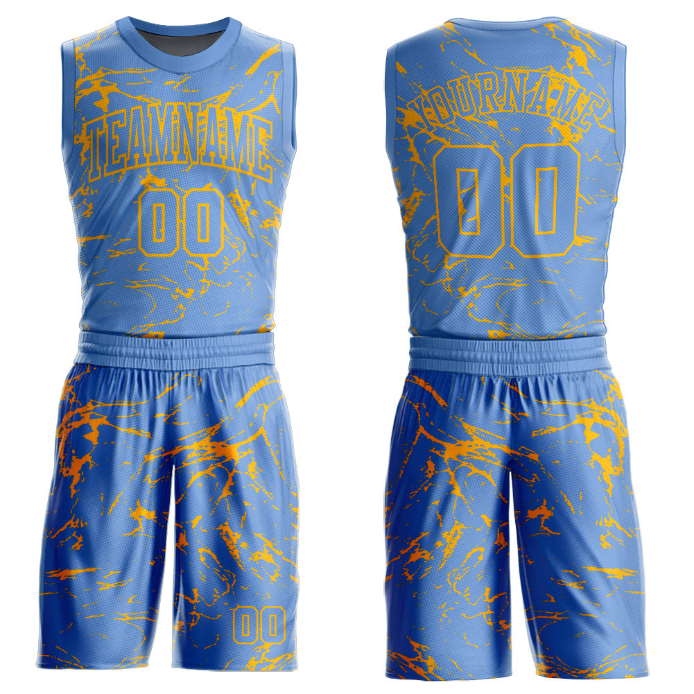 Custom Light Blue Gold Abstract Grunge Art Round Neck Sublimation Basketball Suit Jersey