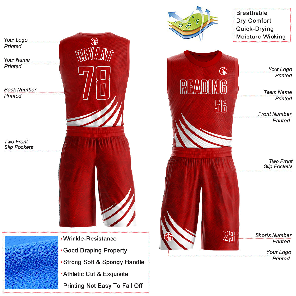 Custom Red White Wind Shapes Round Neck Sublimation Basketball Suit Jersey