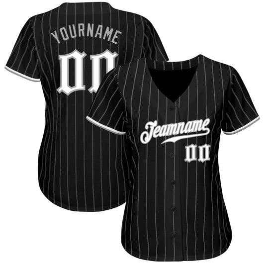 Custom Black Gray Pinstripe White-Gray Authentic Softball Jersey