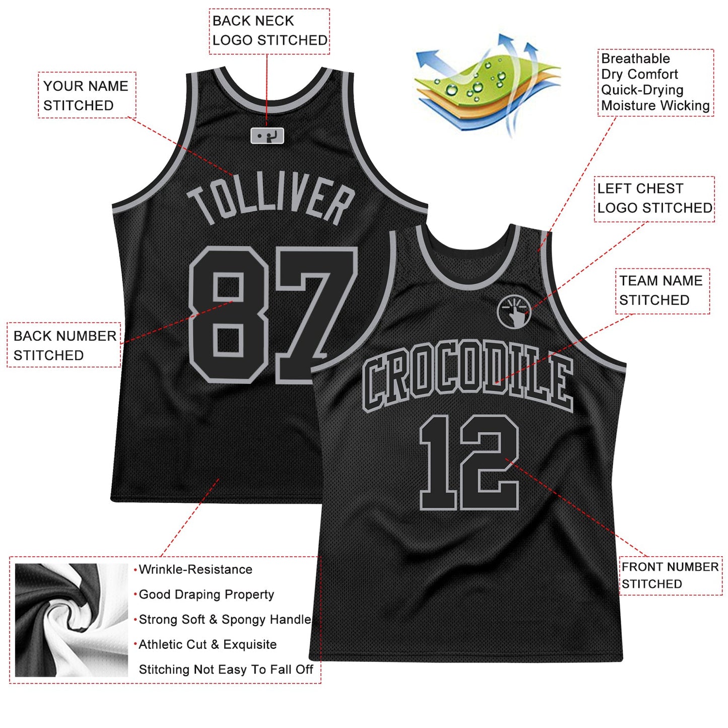 Custom Black Black-Gray Authentic Throwback Basketball Jersey