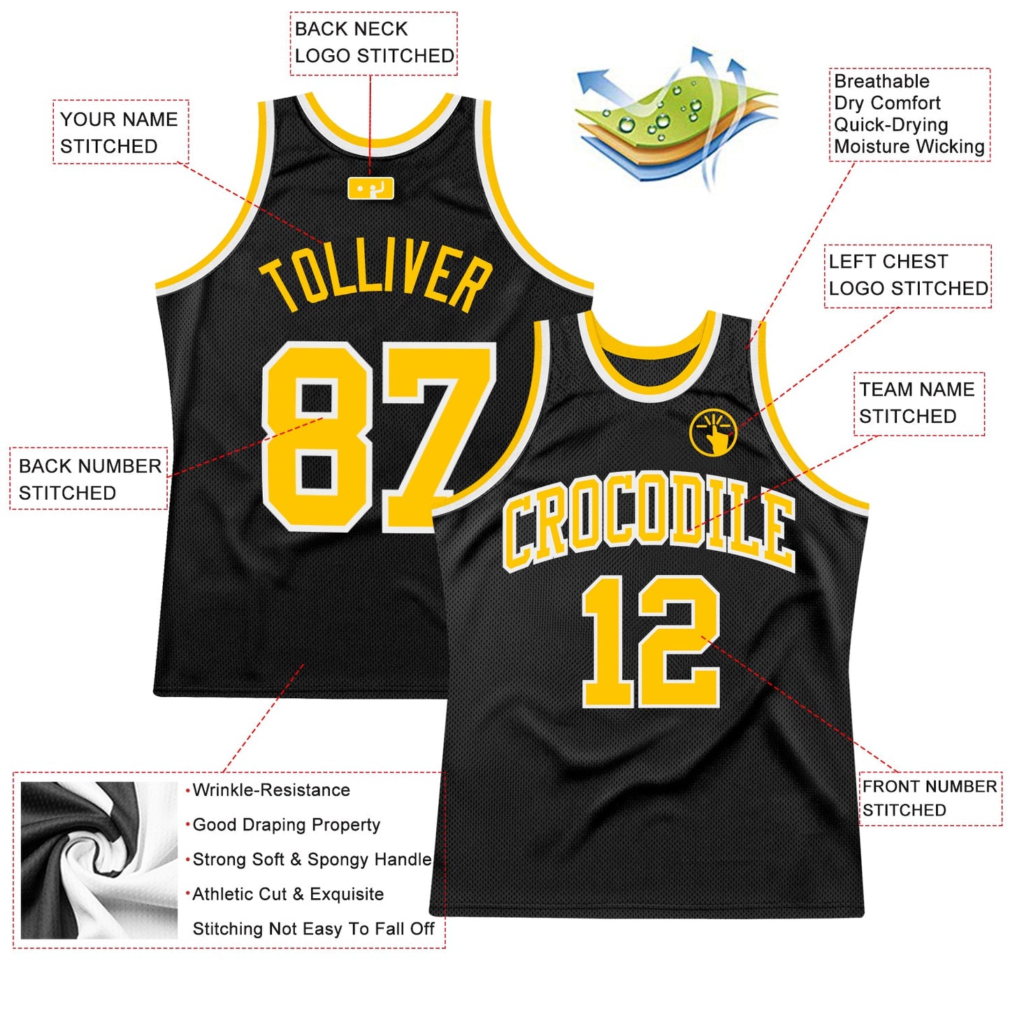 Custom Black Gold-White Authentic Throwback Basketball Jersey