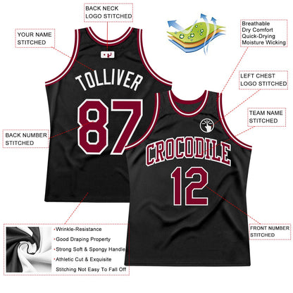 Custom Black Maroon-White Authentic Throwback Basketball Jersey