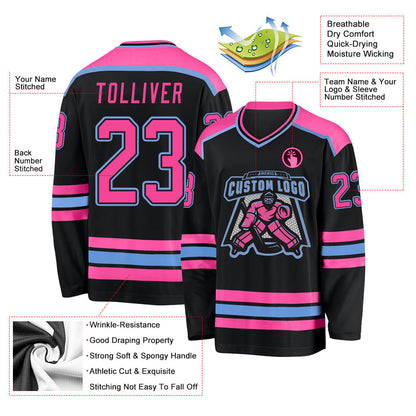 Custom Black Pink-Light Blue Hockey Jersey