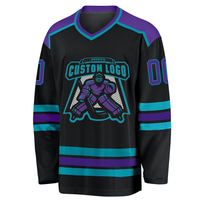 Custom Black Purple-Teal Hockey Jersey