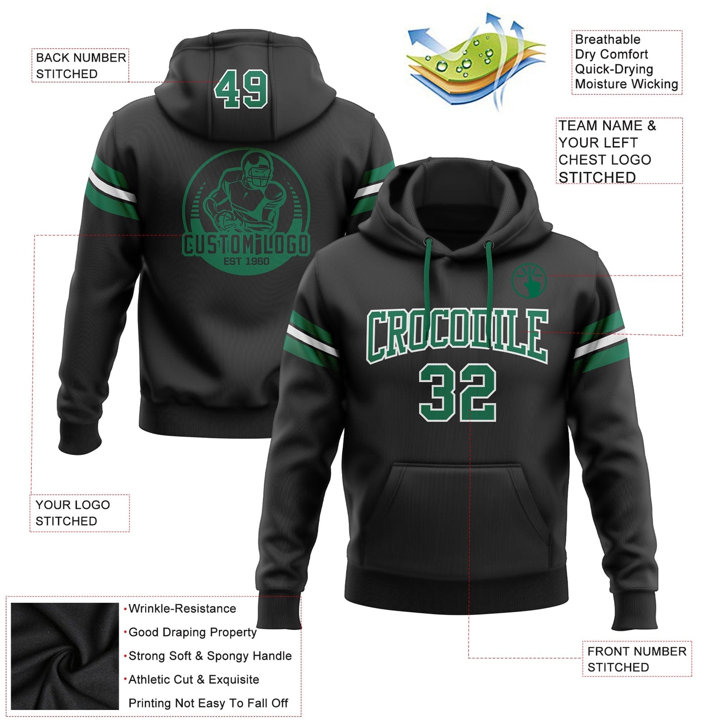 Custom Stitched Black Kelly Green-White Football Pullover Sweatshirt Hoodie