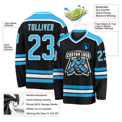 Custom Black Sky Blue-White Hockey Jersey