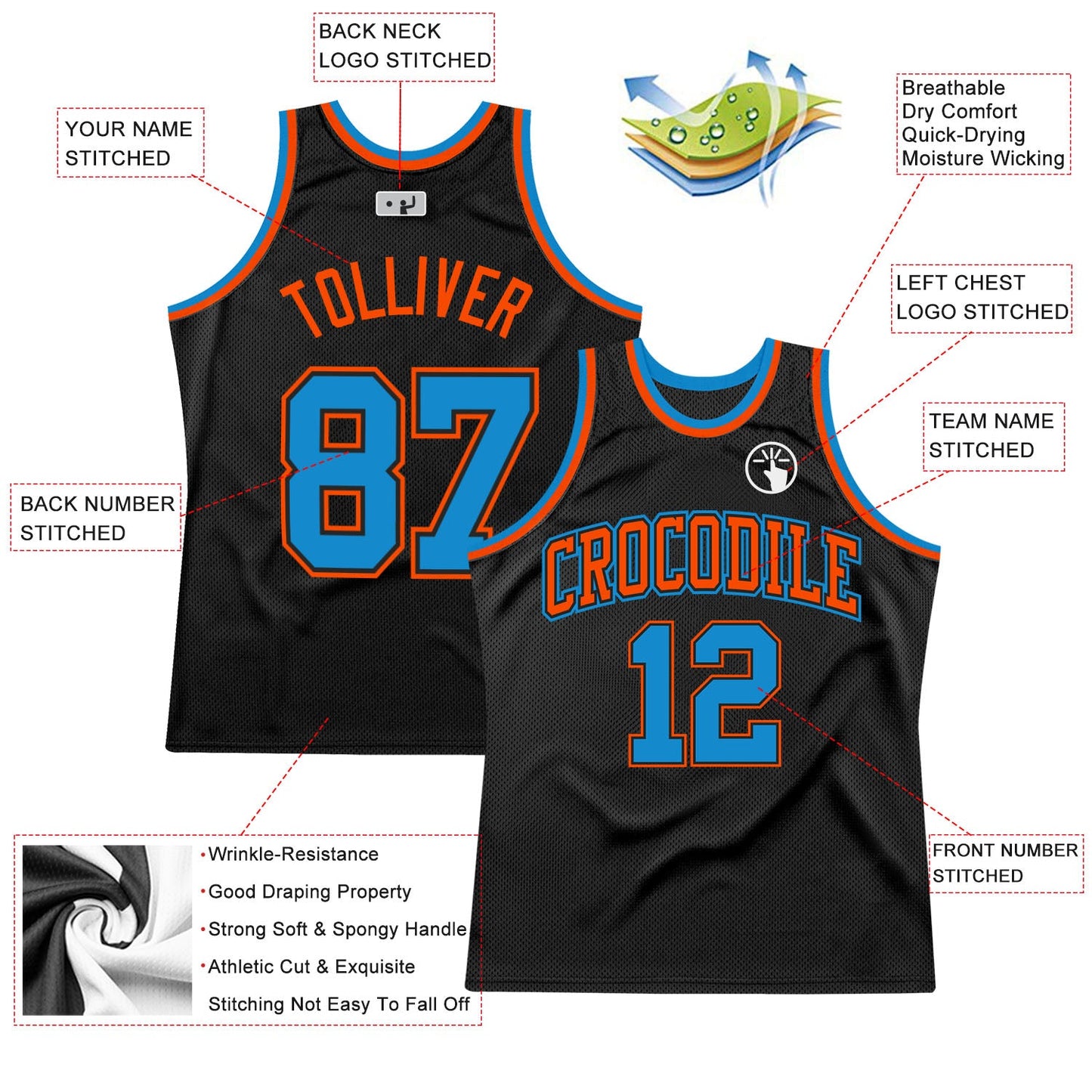 Custom Black Blue-Orange Authentic Throwback Basketball Jersey