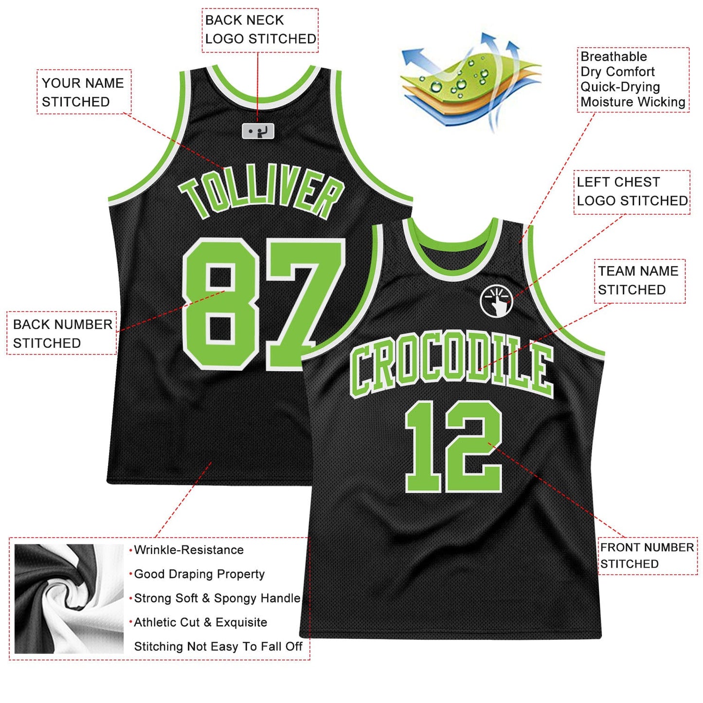 Custom Black Neon Green-White Authentic Throwback Basketball Jersey