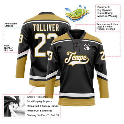 Custom Black White-Old Gold Hockey Lace Neck Jersey