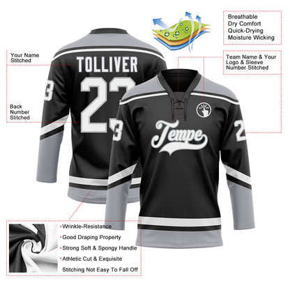 Custom Black White-Gray Hockey Lace Neck Jersey