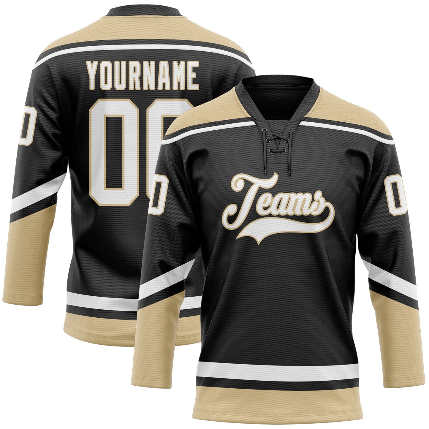 Custom Black White-Old Gold Hockey Lace Neck Jersey