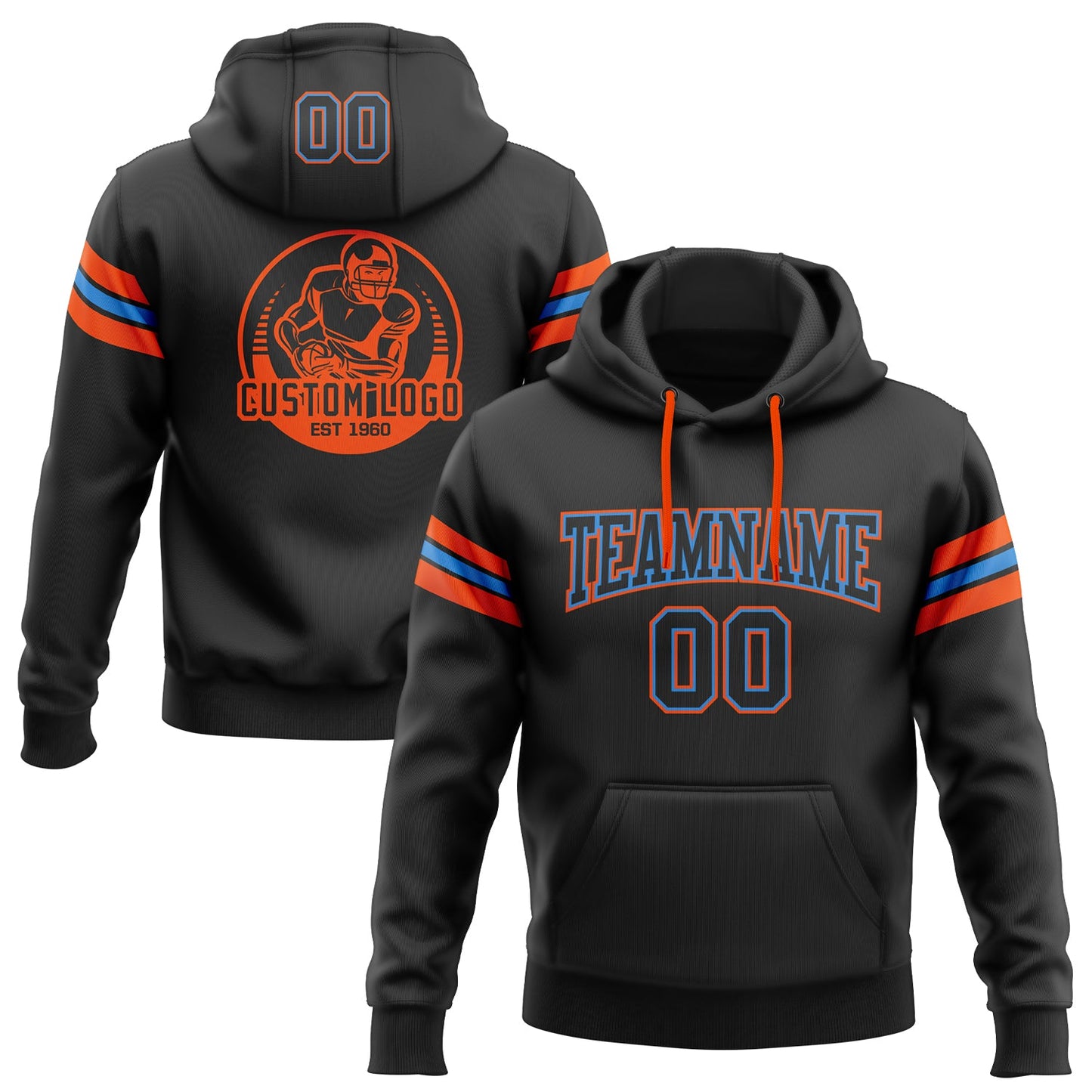 Custom Stitched Black Electric Blue-Orange Football Pullover Sweatshirt Hoodie