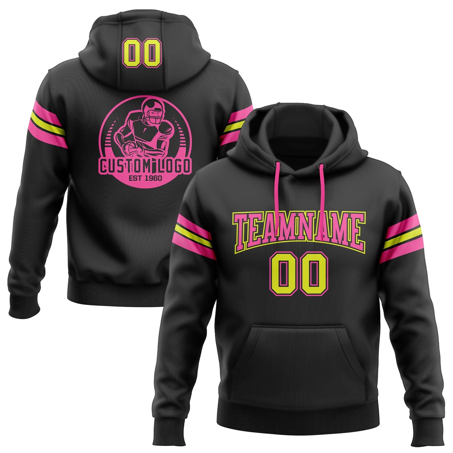 Custom Stitched Black Neon Yellow-Pink Football Pullover Sweatshirt Hoodie