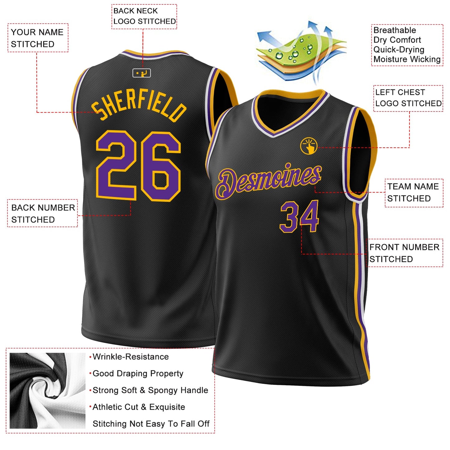 Custom Black Purple-Gold Authentic Throwback Basketball Jersey