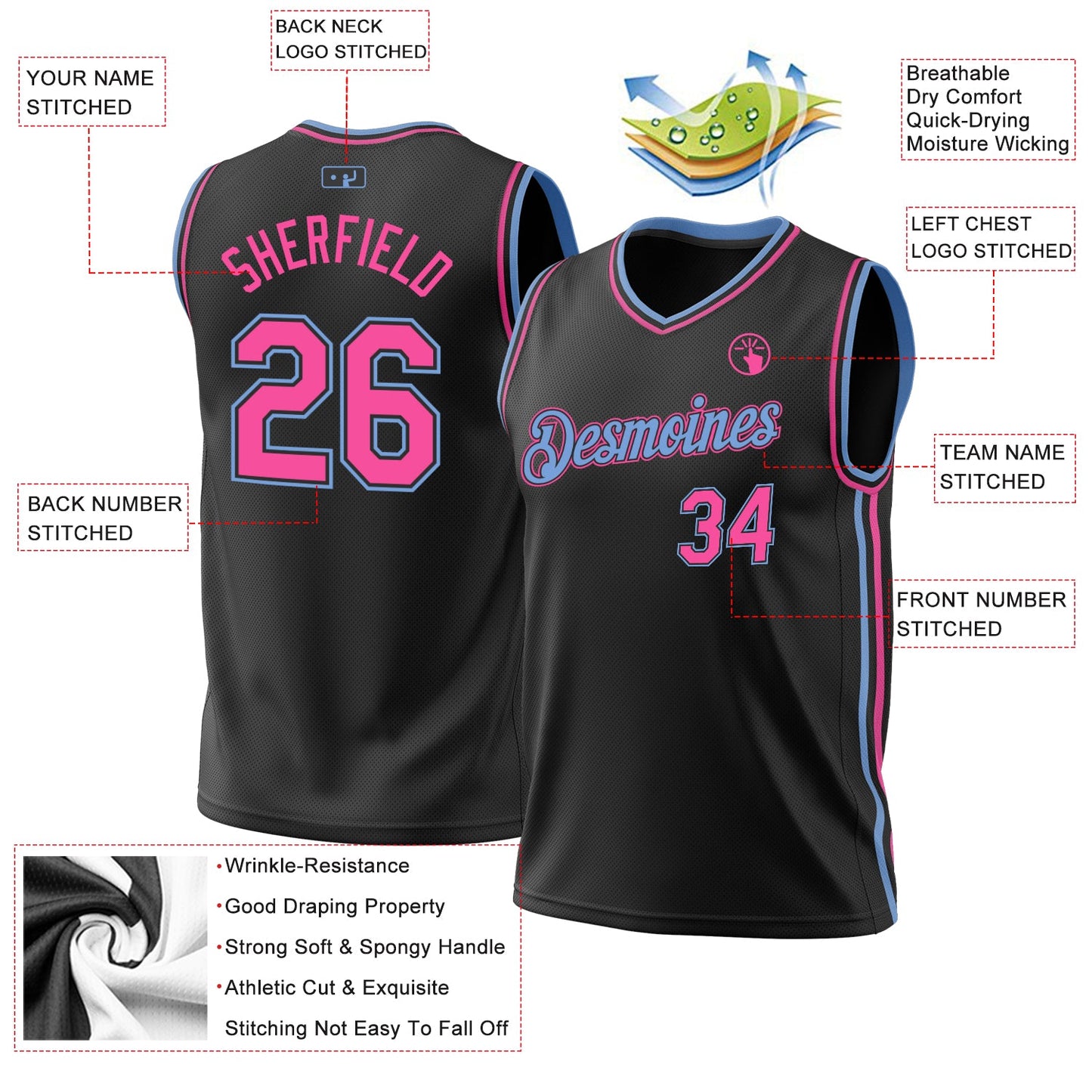 Custom Black Pink-Light Blue Authentic Throwback Basketball Jersey