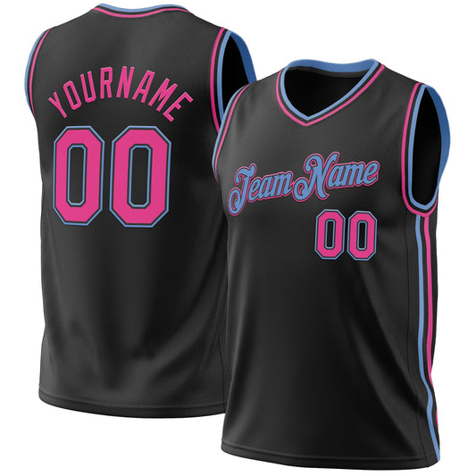 Custom Black Pink-Light Blue Authentic Throwback Basketball Jersey