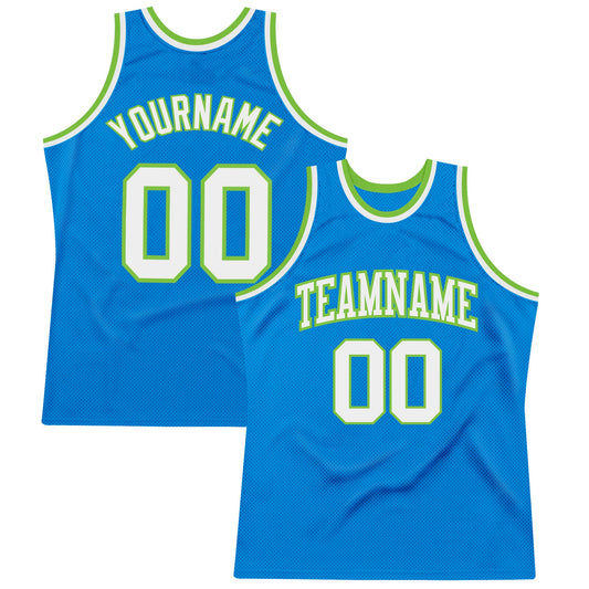 Custom Blue White-Neon Green Authentic Throwback Basketball Jersey