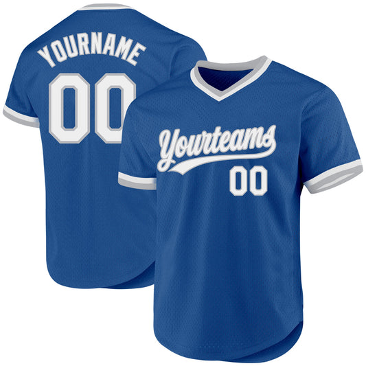 Custom Blue White-Gray Authentic Throwback Baseball Jersey