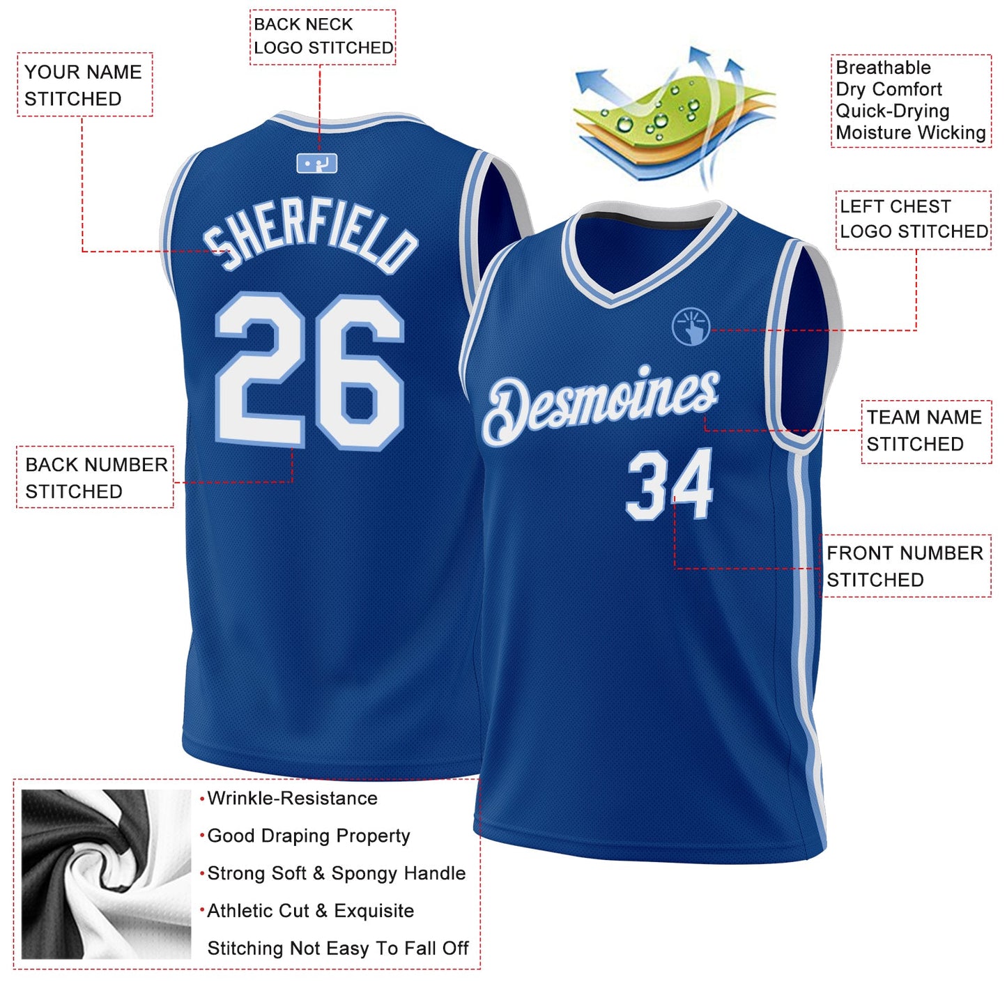 Custom Blue White-Light Blue Authentic Throwback Basketball Jersey