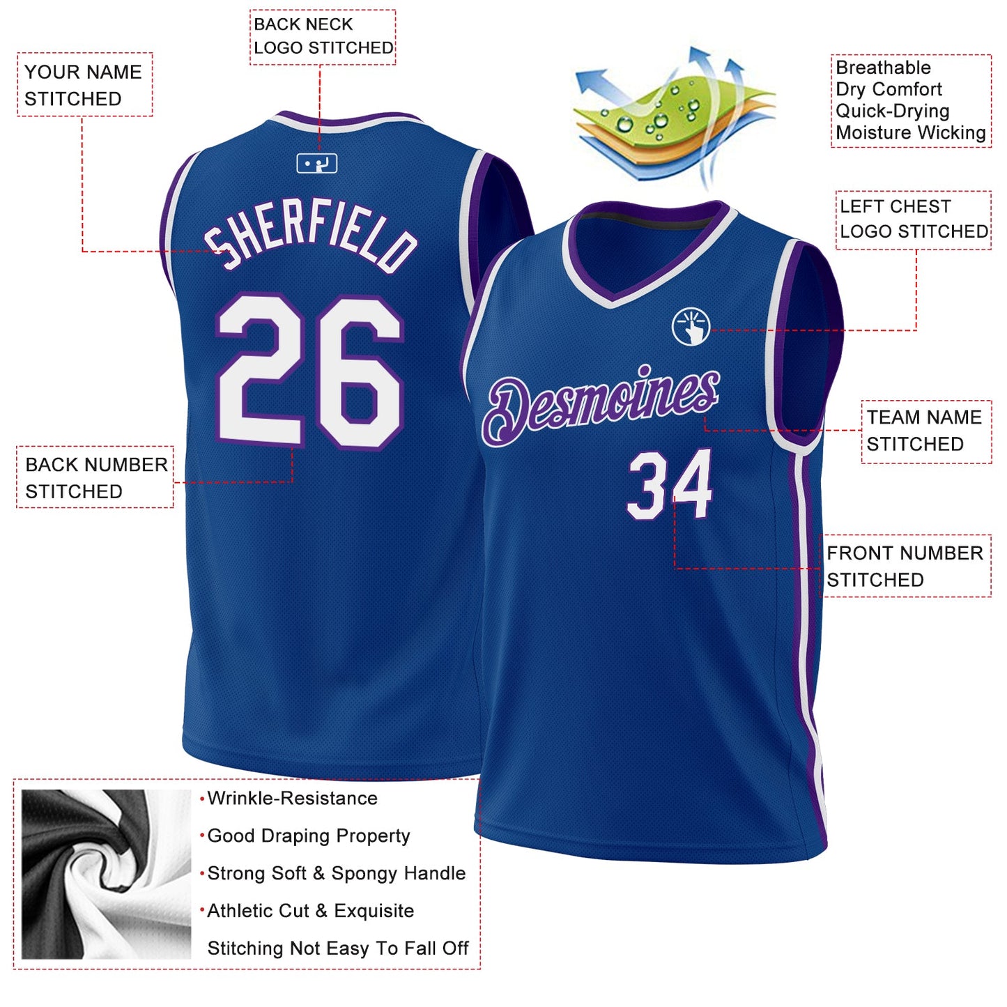 Custom Blue White-Purple Authentic Throwback Basketball Jersey