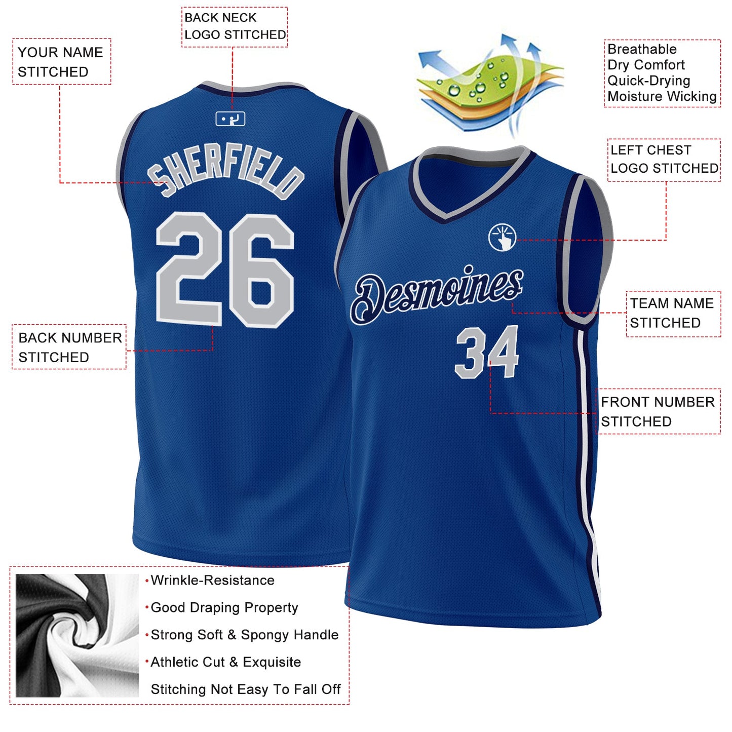 Custom Blue Gray-Navy Authentic Throwback Basketball Jersey