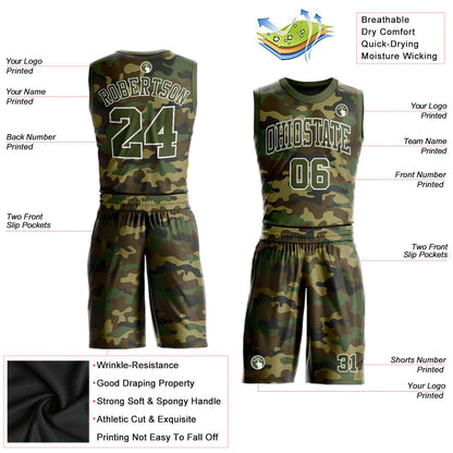 Custom Camo Olive-White Round Neck Sublimation Salute To Service Basketball Suit Jersey