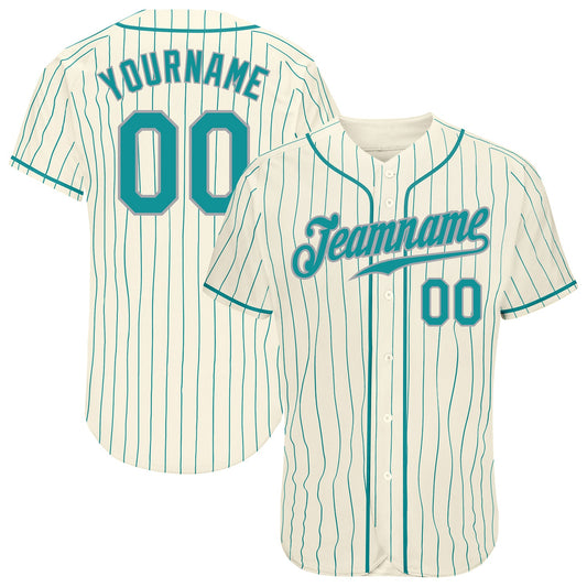 Custom Cream Teal Pinstripe Teal-Gray Authentic Baseball Jersey