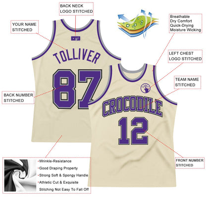 Custom Cream Purple-Gray Authentic Throwback Basketball Jersey