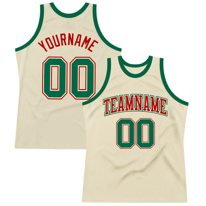 Custom Cream Kelly Green-Red Authentic Throwback Basketball Jersey