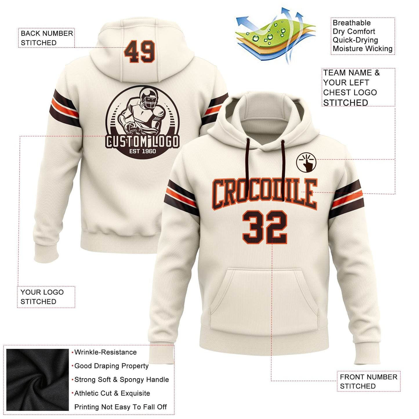 Custom Stitched Cream Brown-Orange Football Pullover Sweatshirt Hoodie