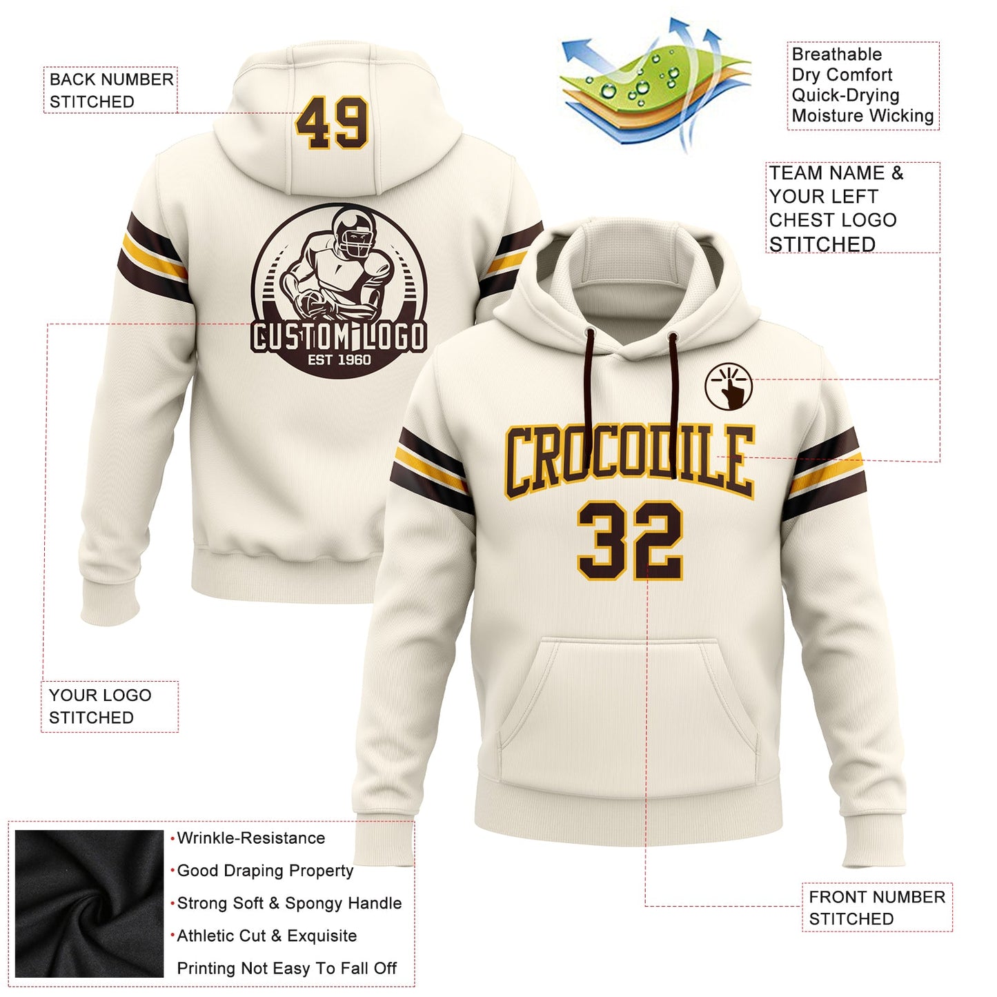 Custom Stitched Cream Brown-Gold Football Pullover Sweatshirt Hoodie