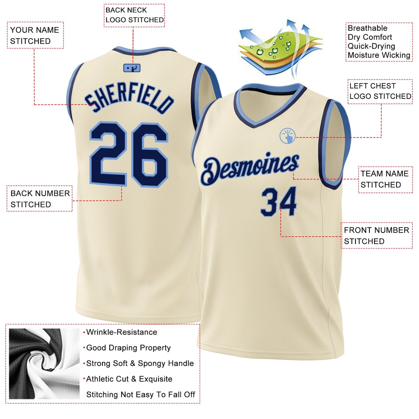 Custom Cream Navy-Light Blue Authentic Throwback Basketball Jersey