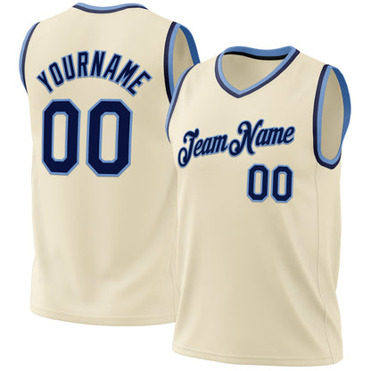 Custom Cream Navy-Light Blue Authentic Throwback Basketball Jersey