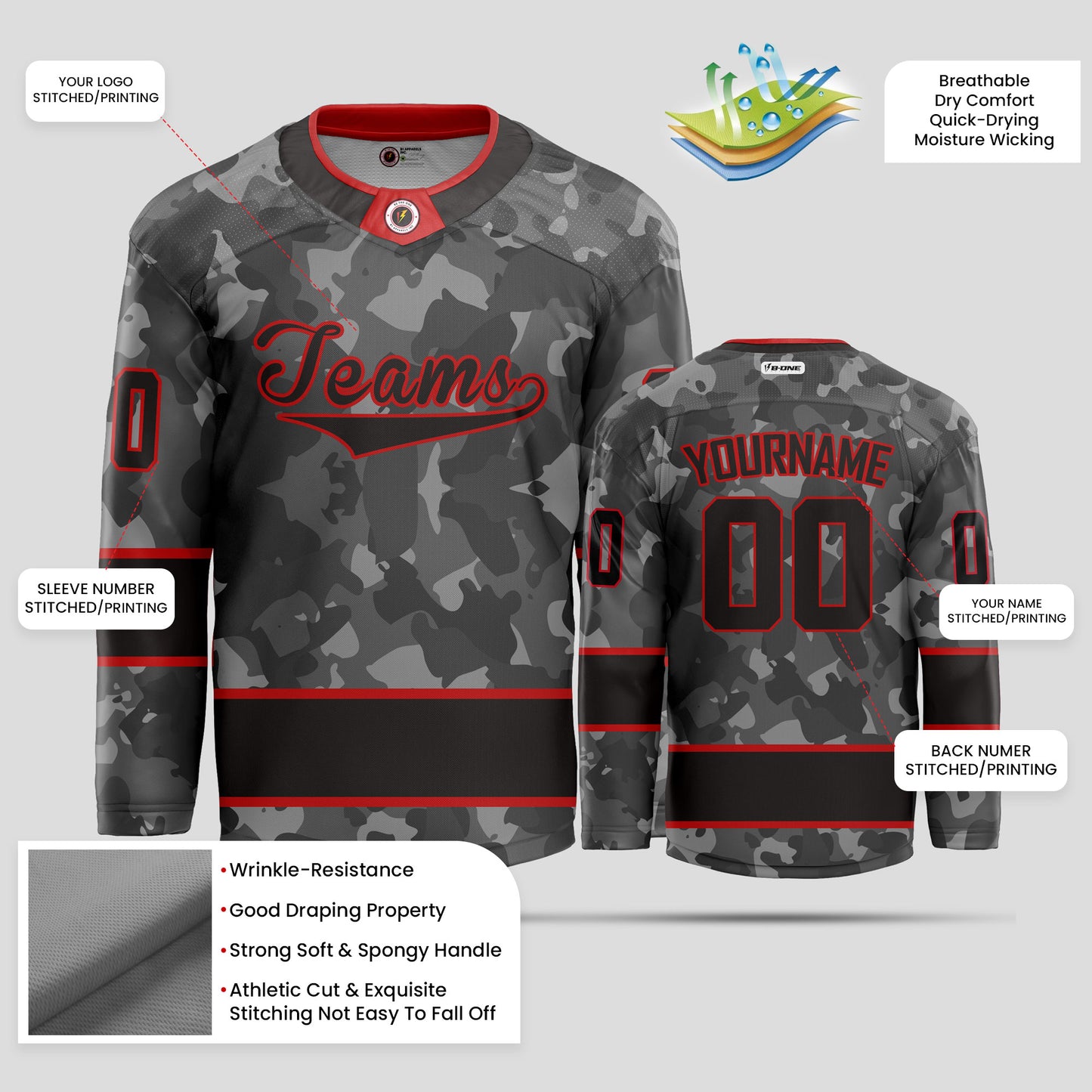 Custom Authentic Black and Red Camo Hockey Jersey - Personalized & Premium