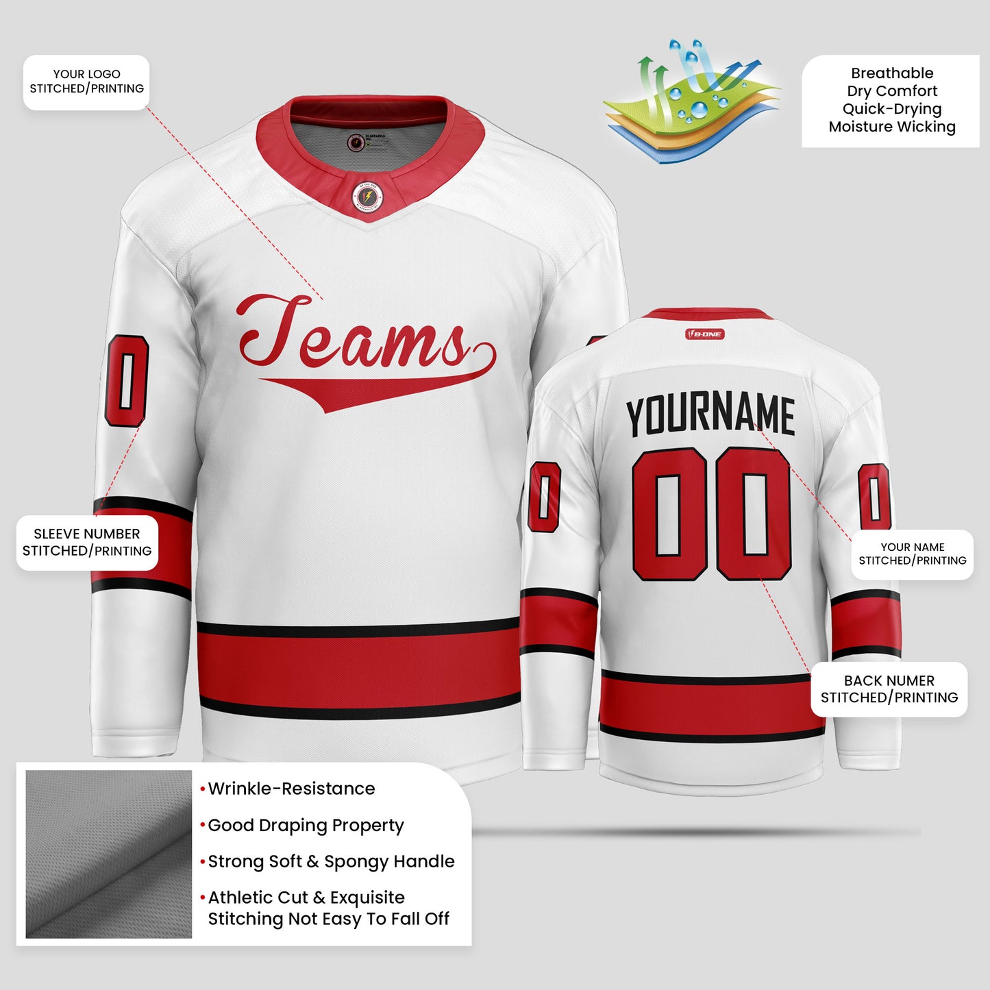 Custom Authentic White, Black, and Red Hockey Jersey - Premium Quality & Personalized