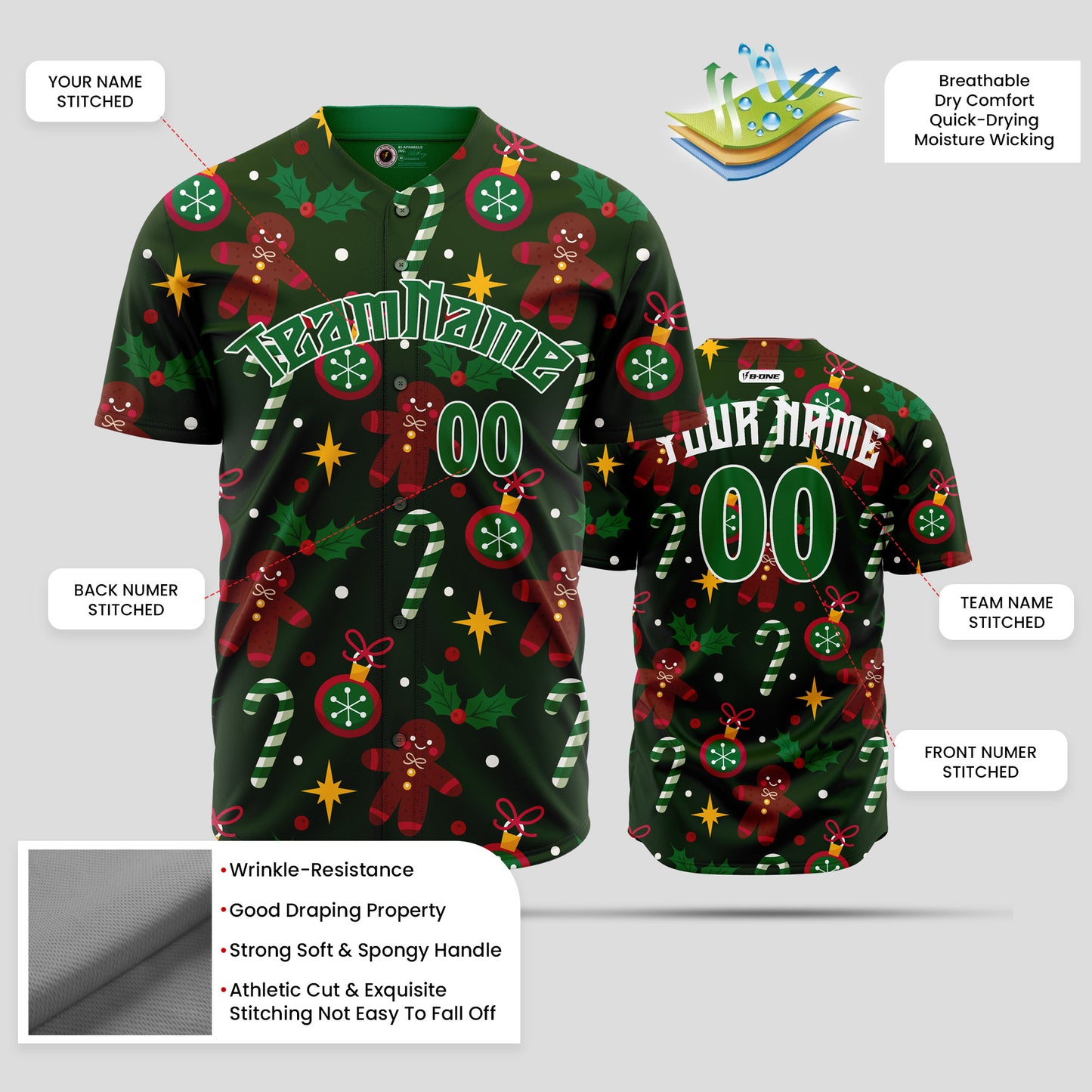 Custom Black, Green & Red 3D Christmas-Themed Authentic Baseball Jersey