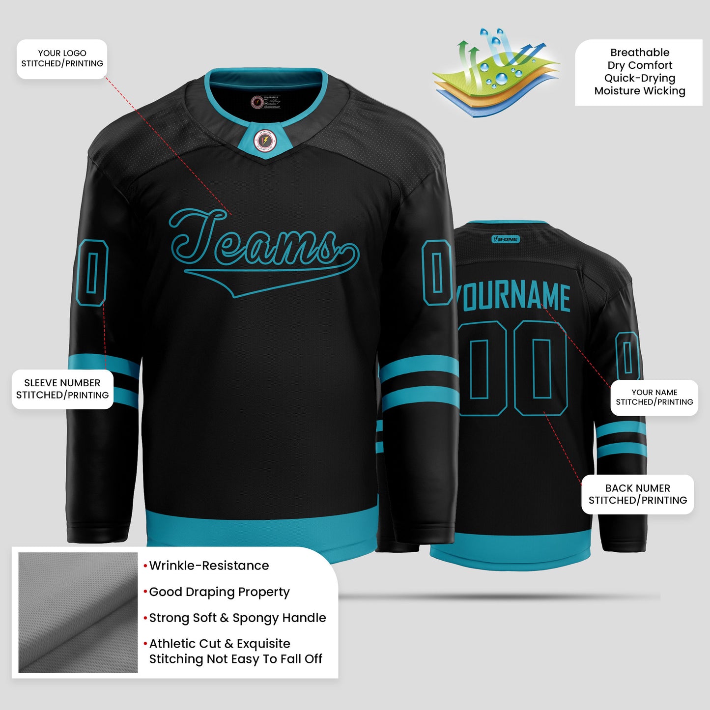 Custom Black and Light Blue Quality Hockey Jersey