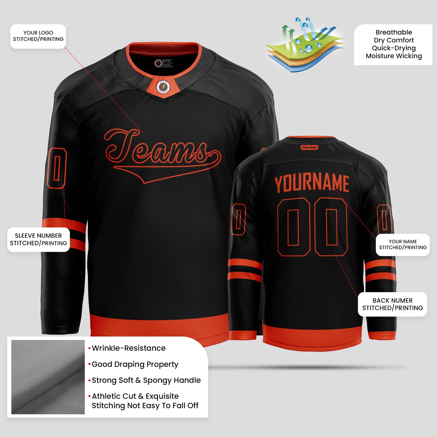 Custom Black and Orange Fine Quality Hockey Jersey