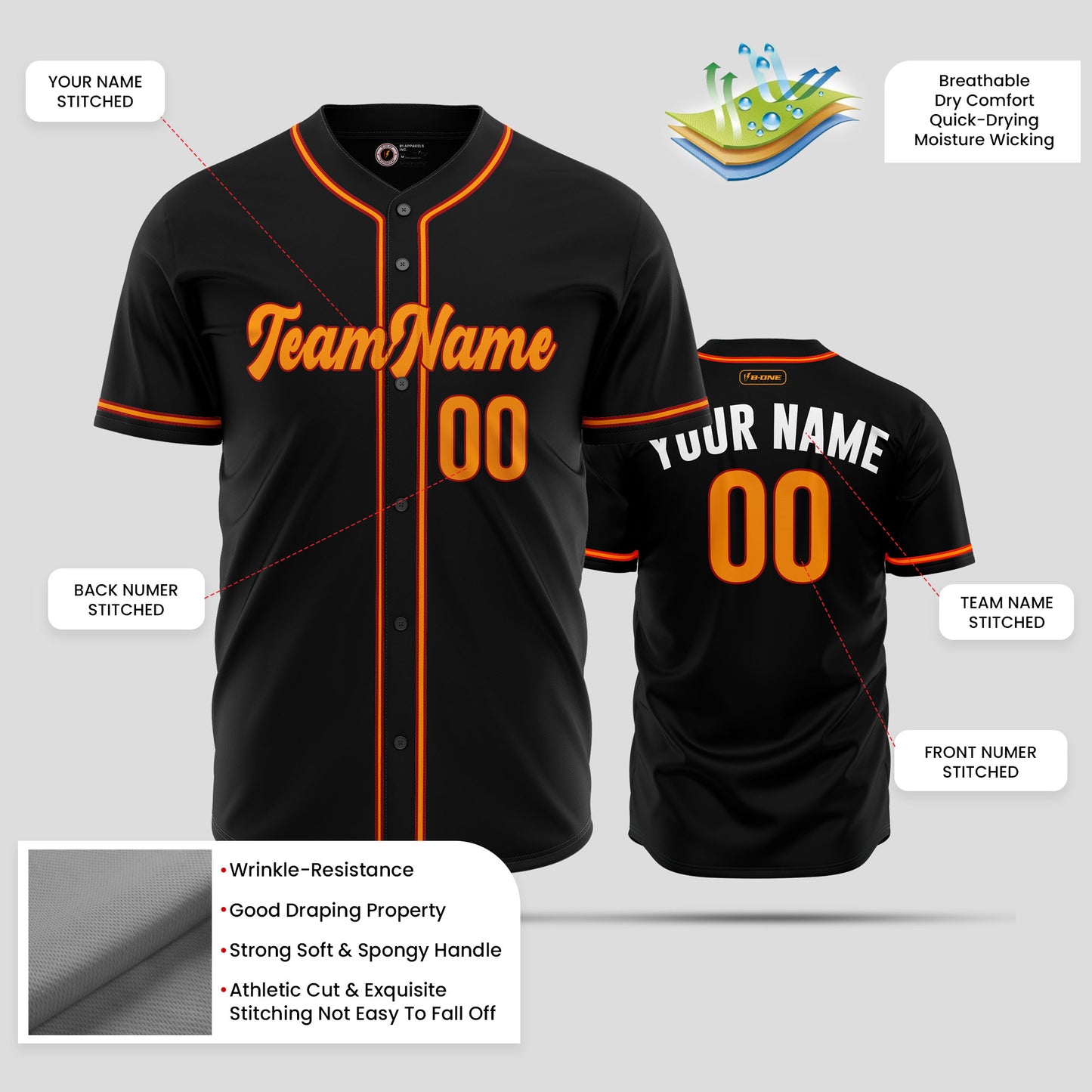 Custom Premium Black, Orange & White Baseball Jersey